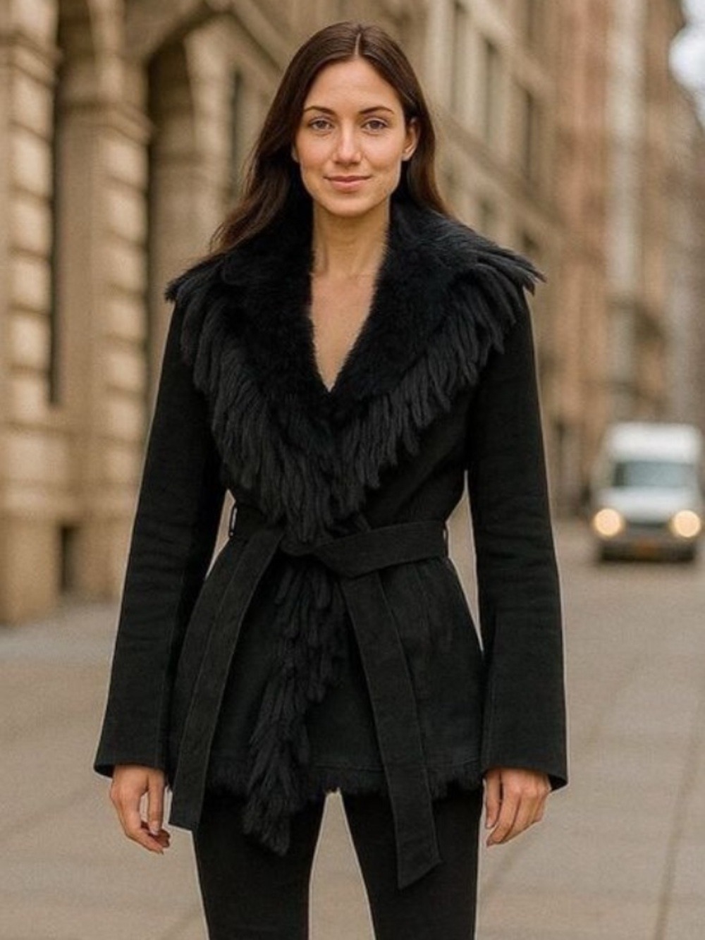 Vintage Raffaelo 70s Black Suede Fur Trim Jacket XS Boho Penny Lane Afghan Belt